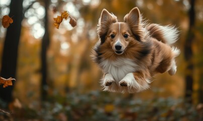 A Shetland Sheepdog in a mid-air jump, captured against a forest background