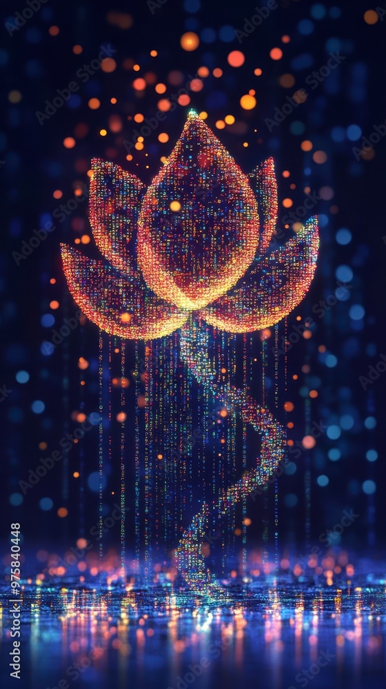 Poster colorful digital lotus surrounded by flowing binary lights creates a minimalist aesthetic