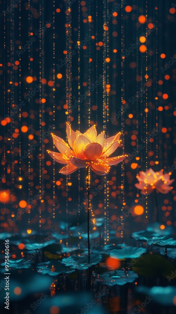 Poster Colorful Lotus Illuminated by Flowing Orange Lights With Digital Binary Code in a Minimalist Setting