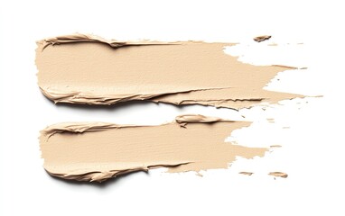 A smooth texture of beige makeup foundation spread on a white background, ideal for beauty and cosmetic related designs.