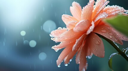Fototapeta premium Close-up of a pink flower with dewdrops and a nearby green leaf