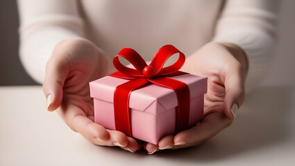 Close-up of hands presenting a beautifully wrapped gift box/ A person Hand holding gift/ luxurious gifts, celebrations, or special occasions copy space background
