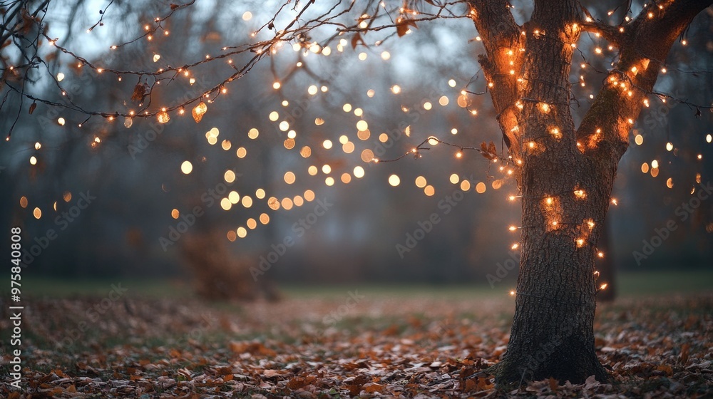 Poster bare autumn tree covered in warm string lights