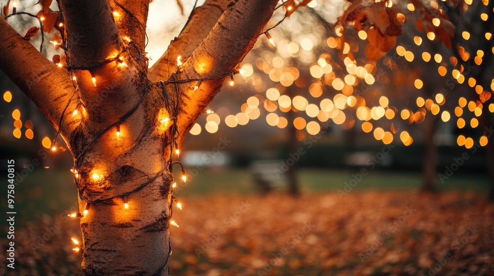 Poster bare autumn tree covered in warm string lights