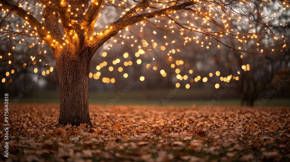 Poster bare autumn tree covered in warm string lights