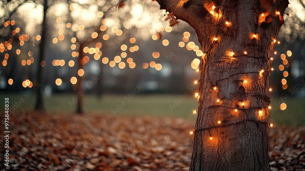 Poster bare autumn tree covered in warm string lights