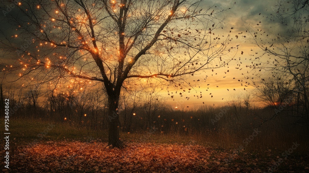 Poster bare autumn tree covered in warm string lights