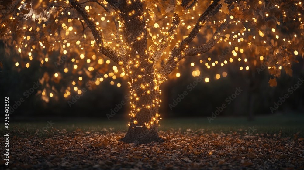 Poster bare autumn tree wrapped in glowing string lights