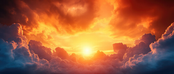 Fototapeta premium Vibrant Sunrise Over Towering Clouds, a breathtaking spectacle of golden sunlight piercing through dramatic, flowing clouds, evoking a sense of wonder and tranquility.