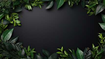 Fototapeta premium A dark, elegant background featuring green leaves that outline the borders of the frame, leaving a crisp white space in the middle.