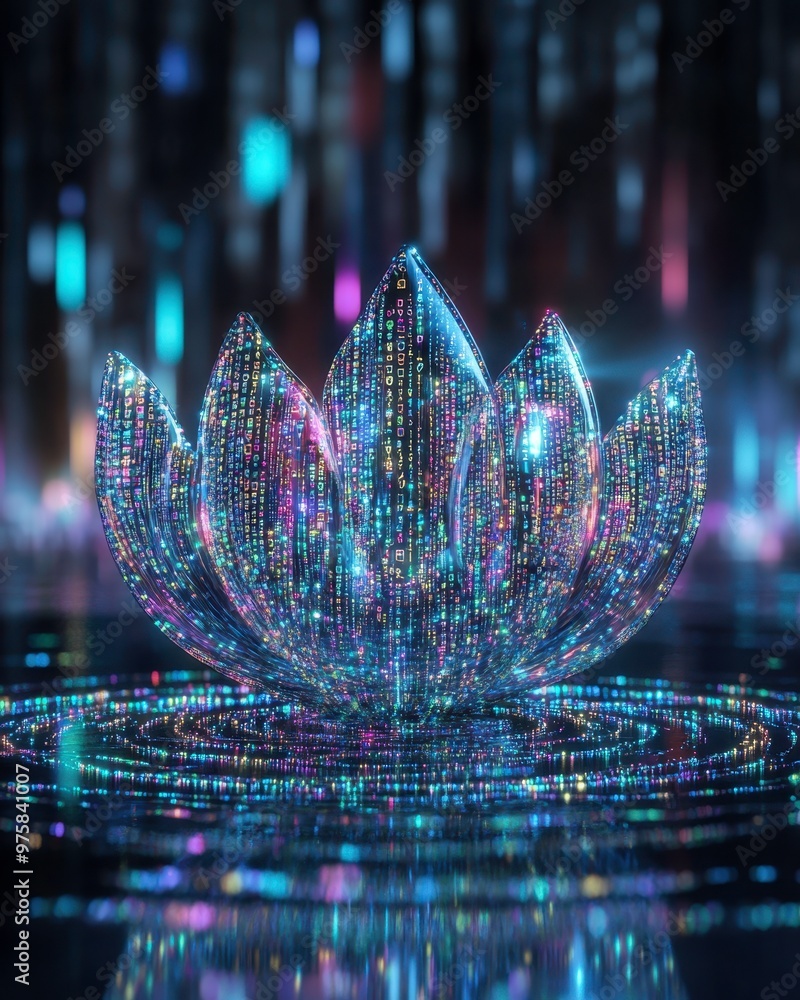 Poster High-Raised Lotus Emits Vibrant Binary Code and Pastel Lights in a Minimalist Setting