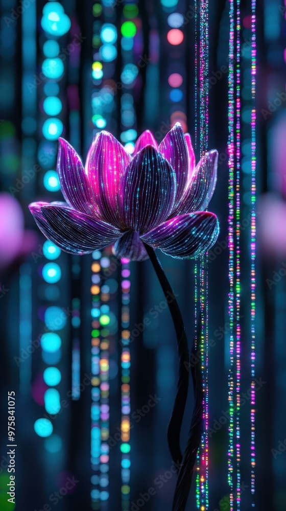 Aufkleber Lotus Illuminated by Digital Binary Code With Vibrant Rainbow Lights in a Minimalist Setting