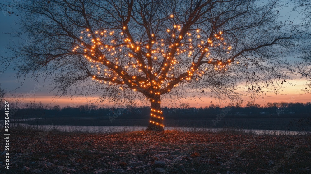 Poster bare autumn tree wrapped in glowing string lights
