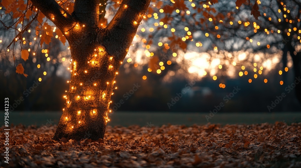 Poster bare autumn tree wrapped in glowing string lights