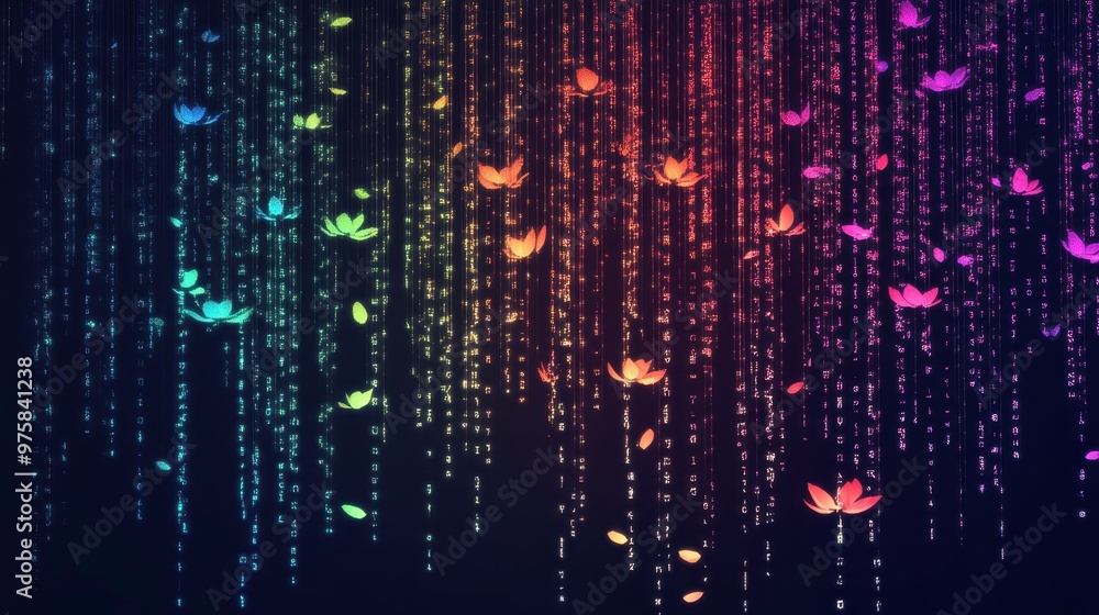 Poster Colorful Lotus Blooms Rising Among Digital Binary Code in a Minimalistic Design
