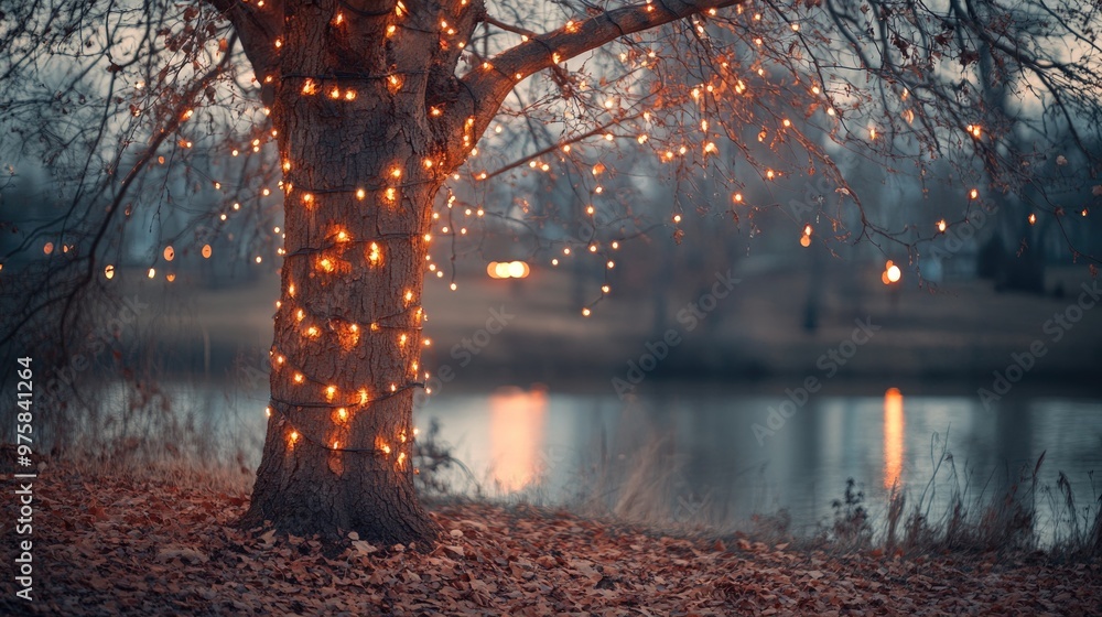 Aufkleber bare autumn tree wrapped in glowing string lights