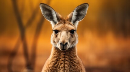 Fototapeta premium A close-up of a kangaroo's face, showcasing its large ears and expressive eyes, as it curiously gazes at the camera. The backdrop features lush green vegetation typical of the Australian bush