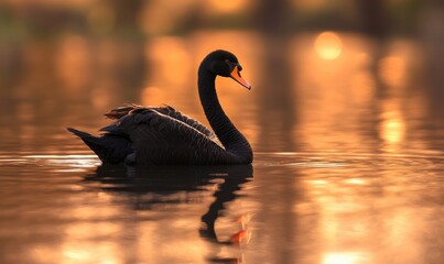 Fototapeta premium Black swan drifting on a still pond, soft ripples and reflections shimmering in the water