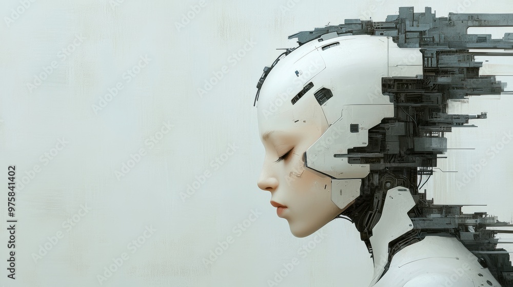 Poster a robot with a face made of many pieces and wires, ai