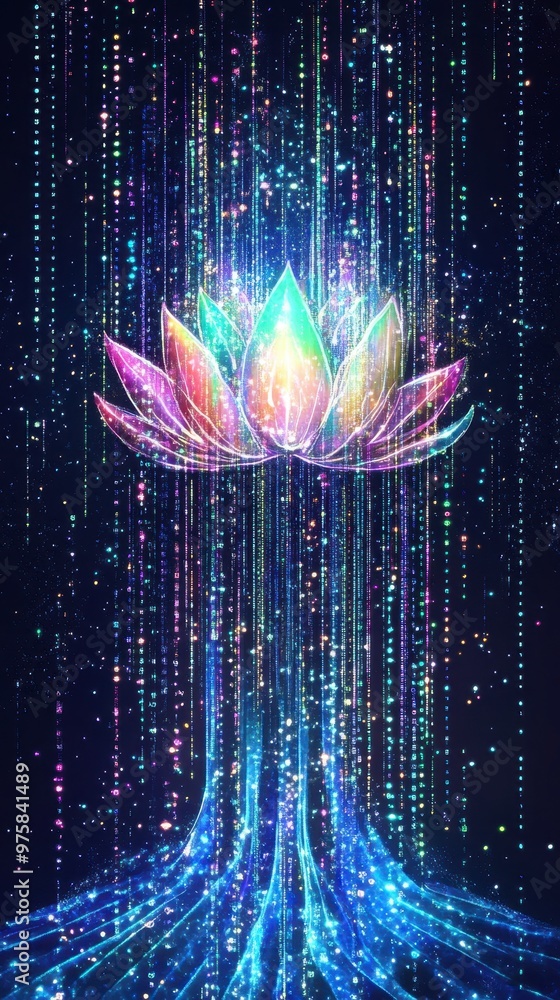 Poster Colorful Pastel Lotus Floating Amidst Vibrant Digital Binary Code in a Minimalist Design