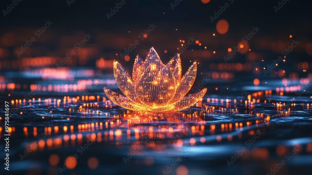 Poster Colorful Digital Lotus With Flowing Binary Code Illuminated in a Minimalist Setting