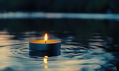 Close-up of a flickering candle, floating alone on a dark water surface
