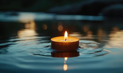 Close-up of a flickering candle, floating alone on a dark water surface