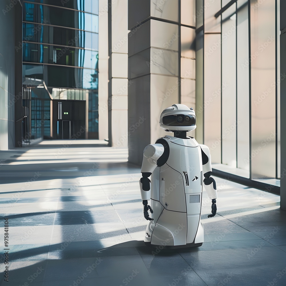 Poster robotic security guard patrolling modern building ensuring safety and security