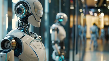 Fototapeta premium Robotic Assistants Enhancing Interactive Museum Exhibit Experience with Cutting Edge Technology