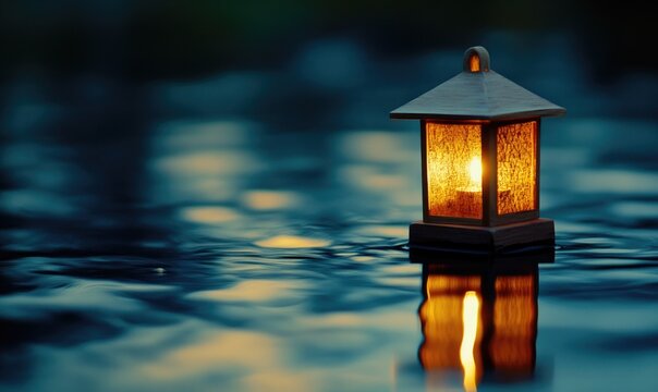 Close-up of a single floating lantern, glowing brightly in the night