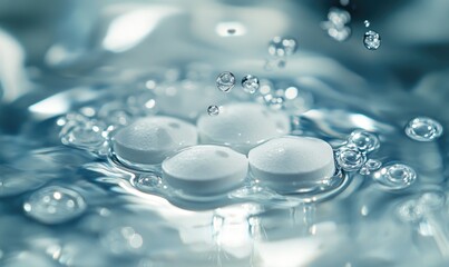 Fototapeta premium Close-up of dissolving tablet in water, effervescent bubbles forming