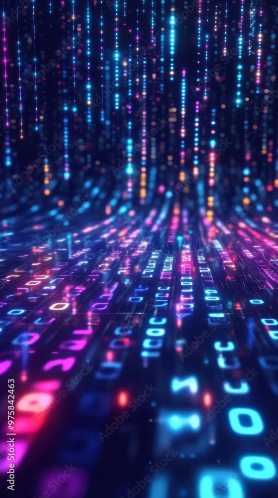 Aufkleber Colorful Digital Binary Code Raised High With Neon Lights Creating a Minimalist Atmosphere