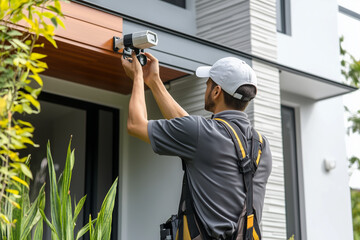 Technician installing a security camera on the exterior of a modern home, highlighting home security solutions and surveillance systems