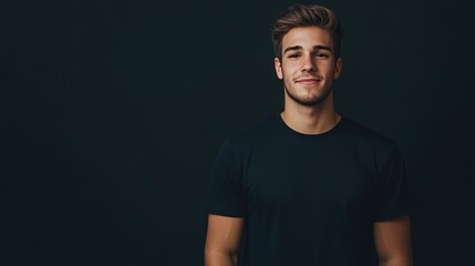 Fototapeta premium Young man in a blank black T-shirt, offering an ideal canvas for branding, logos, or text, with plenty of space for customization.