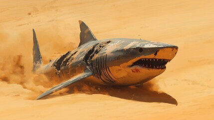 Worn shark swimming through desert dunes with sandstorm backdrop
