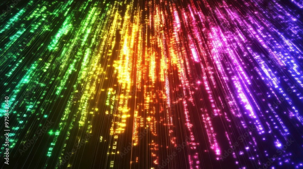 Poster Digital Binary Code Illuminated by Colorful Rainbow Lights in a Minimalist Style