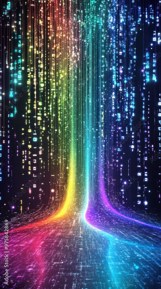 Poster Colorful Binary Code Streams Illuminated by Rainbow Lights in a Minimalist Digital Design
