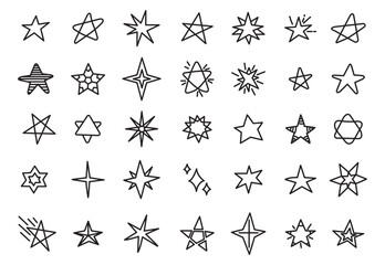 Set of hand drawn stars. Abstract seamless pattern of hand drawn black doodle stars on white background. Cute star shapes, black starburst doodle signs for Christmas decoration isolated set