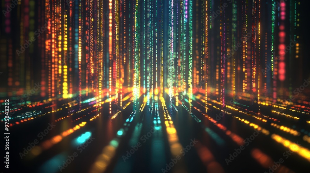Aufkleber colorful neon binary code flowing in a minimalist digital landscape during the night