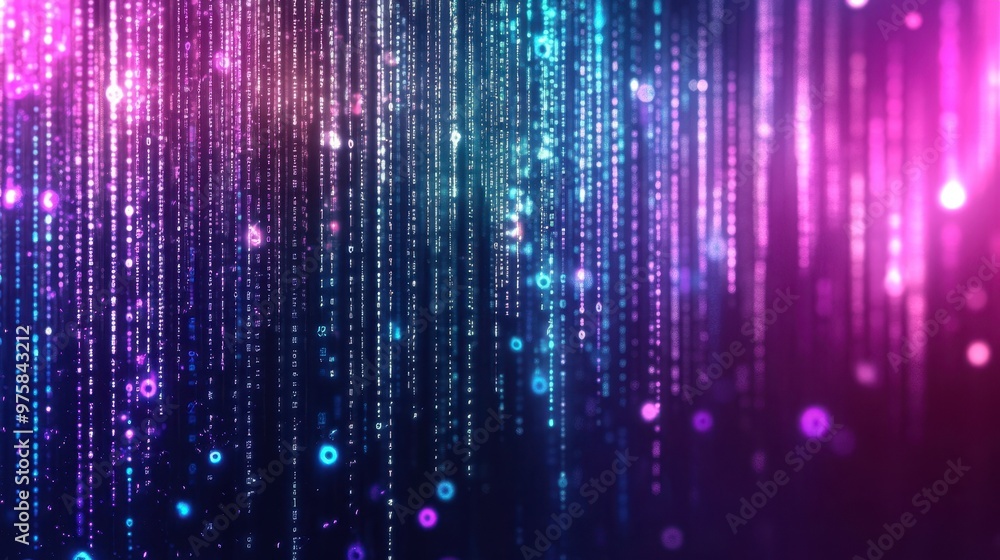 Poster Colorful Neon Lights Envelop Digital Binary Code Streaming Through a Minimalist Design