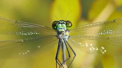  A tight shot of a green dragonfly perched on a sunlit yellow flower, with water beads on its translucent wings