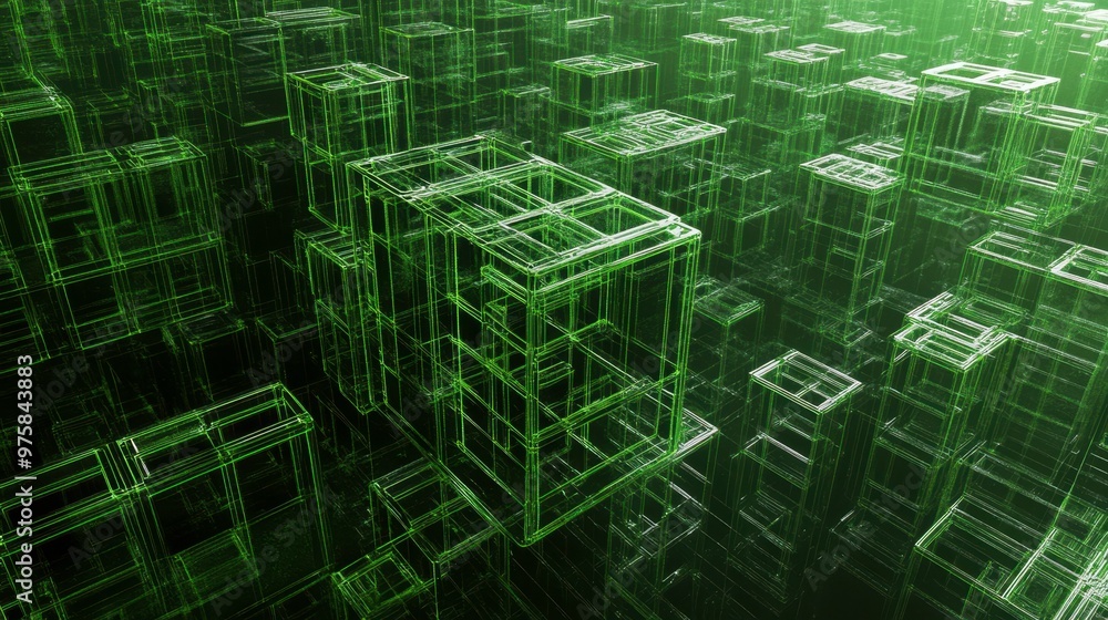 Poster abstract green geometric shapes in a digital landscape simulating futuristic technology