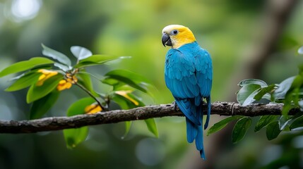 Obraz premium A blue-and-yellow bird perches on a tree branch, surrounded by lush green foliage and sunlit yellow flowers