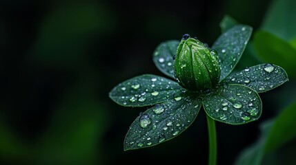  A tight shot of a green flower, its petals adorned with water droplets, against a backdrop of verdant leaves