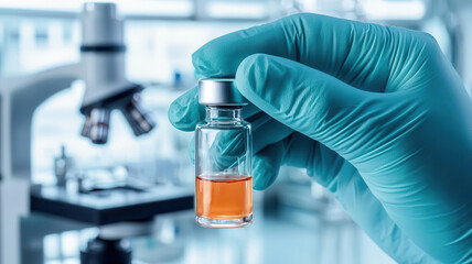 Lab technician holding a vial of bioengineered enzymes in a modern, hightech biotechnology facility