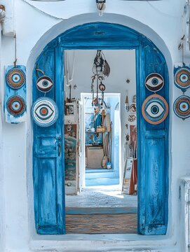 Blue Doors Adorned with Mystical Evil eye Ornaments in a White Facade.
