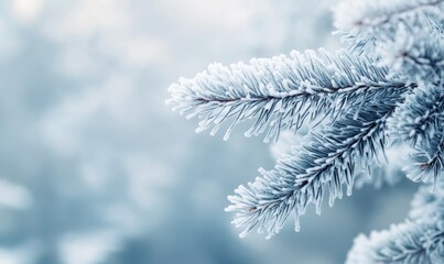 Frosted conifer tips, snow resting gently, cold breath