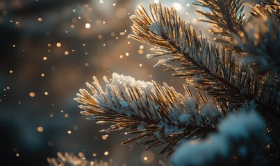 Frosted conifer tips, snow resting gently, cold breath