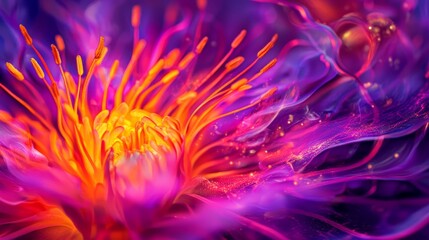  A tight shot of a purple flower with stamens of red and yellow hues at its core