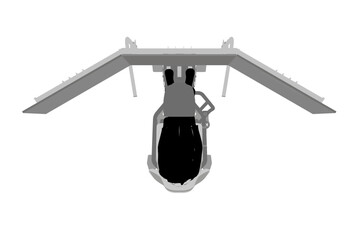 Silhouette of a girl sitting at a realistic gaming simulator with a steering wheel, pedals and three monitors isolated on a white background. Top view. Vector illustration.